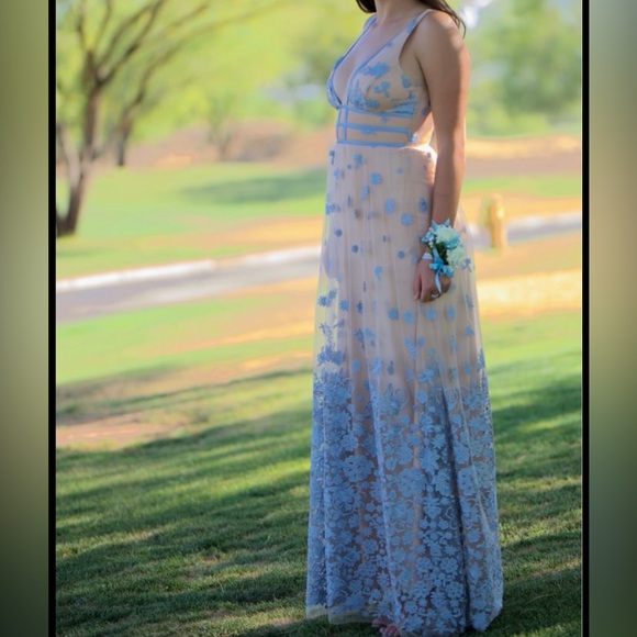 GB Formal Dress Woman 4  Tan Blue Floral Sheer Embroidered Fairy Prom Homecoming - Picture 1 of 9